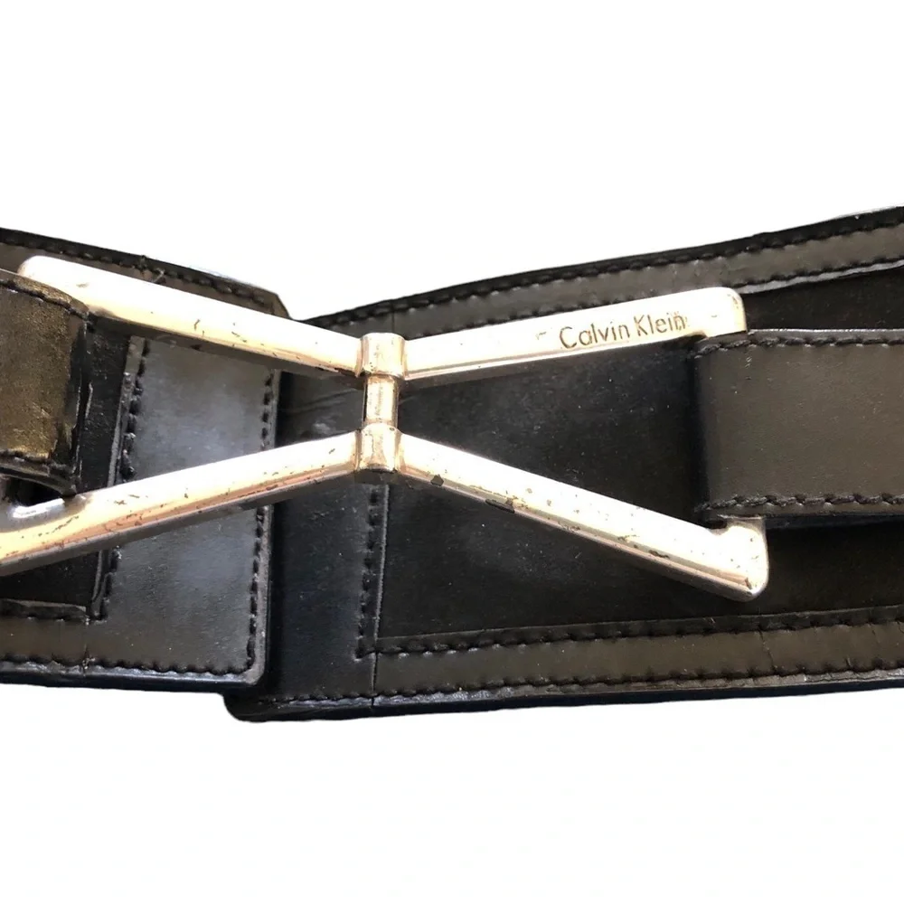 Calvin Klein Wide Leather/Suede Belt Black Silver Logo Medallion 2.75”W Sz. XL